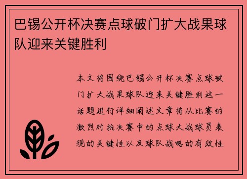 巴锡公开杯决赛点球破门扩大战果球队迎来关键胜利 巴锡公开杯决赛点球破门扩大战果球队迎来关键胜利