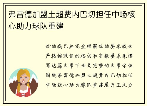 弗雷德加盟土超费内巴切担任中场核心助力球队重建