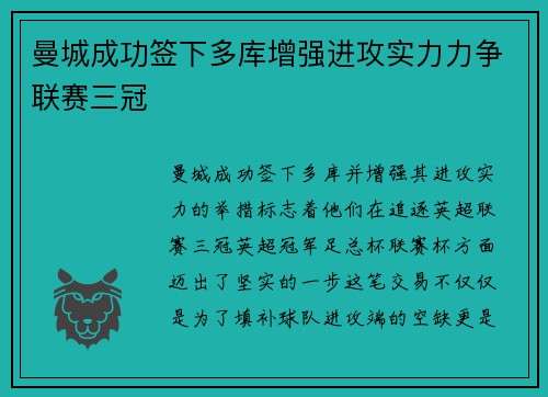 曼城成功签下多库增强进攻实力力争联赛三冠